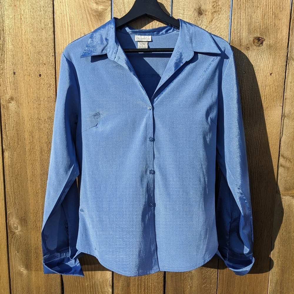 Vintage‎ 90s Y2K Charlotte Russe Button Up Blouse M Shiny Blue Office Siren Top